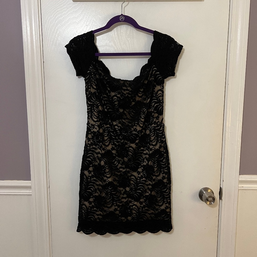 Black and Beige Lace Off Shoulder Mini Dress